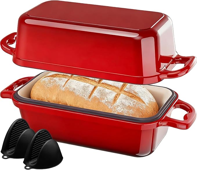 DYCYRQ Enameled Cast Iron Dutch Oven for Sourdough Bread Baking, 9 x 5Inch Oval Cast Iron Bread Pan with Lid, 2PCS Dutch Oven for Homemade Sourdough Baking, Meatloaf Pan, Oven Safe, Red
