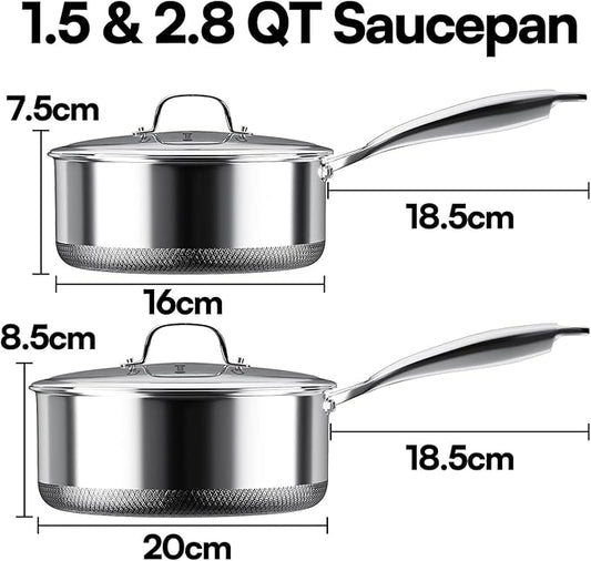 Sauce pan with Lid, KURRUNGIE 1.5 & 2.8 QT Hybrid Stainless Steel Cookware Set, PFOA Free 5-Ply Cooking Pots with Lids, Stainless Steel Pans for Cooking, Induction Cookware Oven and Dishwasher Safe