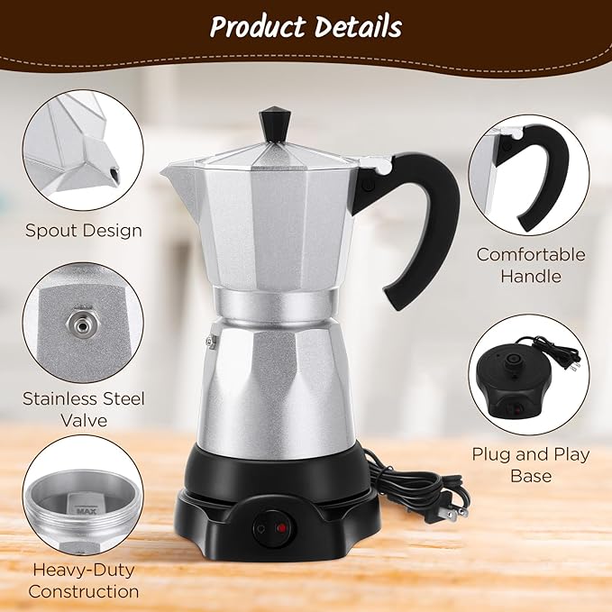 Lemosae Coffee Pot 6 Cup Electric Espresso Coffee Maker Italian Moka Maker 300ml Portable Aluminum Espresso Machine Cafetera Moka Pot with Detachable Base, Gift for Home Travel(Aluminum Color)