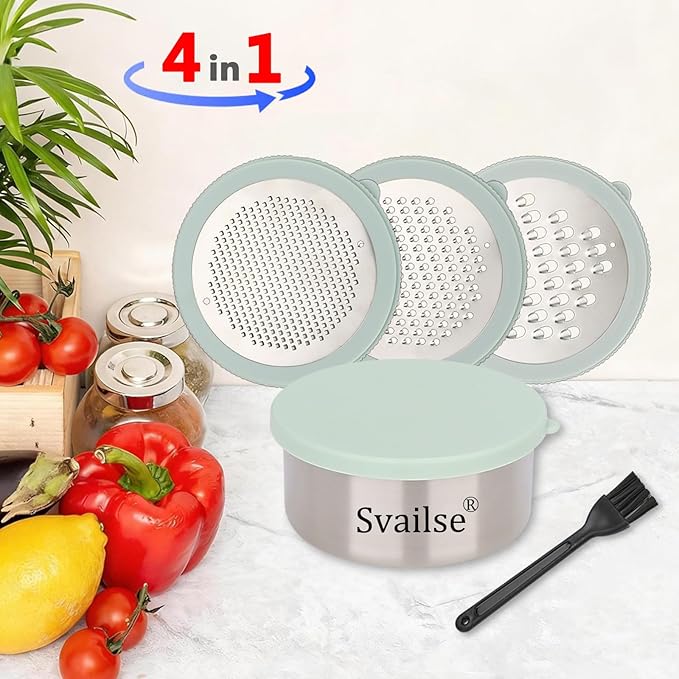 Cheese Grater with Container, 4 in 1 Box Gratters for Fine, Medium and Coarse, Handheld Lemon Zester for Parmesan, Ginger, Garlic, Nutmeg, Chocolate (Light Green)