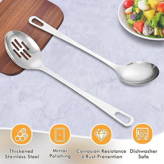 Stainless Steel Cooking Spoon, Solid Metal Serving Spoon, Heavy Duty Sturdy Large Soup Ladle, High Heat Resistant Kitchen Cooking Utensils for Mixing, Stirring, Ergonomic Handle, Easy to Clean, Silver