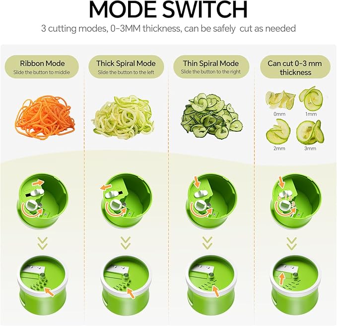 3 in 1 Vegetable Spiralizer Slicer, Adjustable Thickness 0-3mm, Zucchini Spiralizer Veggie Noodle Maker for Cucumber/Zoodle/Salad/Spaghetti/Pasta with Food Container, Cleaning Brush, Green