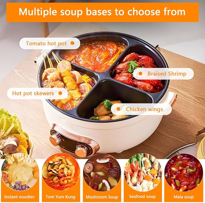 Electric Hot Pot with Divider, Four Grid Multifunctional Stew Pot, 4-Flavor Chinese Shabu Shabu Pot, for Family Gatherings Parties,White
