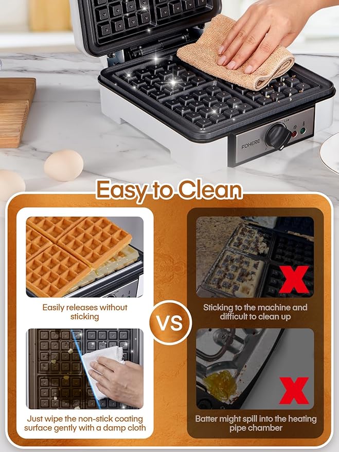 FOHERE Belgian Waffle Maker 4 Slices, 1200W Square Waffle Iron, 5 Browning Levels, Nonstick Plates, Cool-touch Handle, Anti-scald, Anti-overflow, Indicator Lights, Recipe, White (Large)