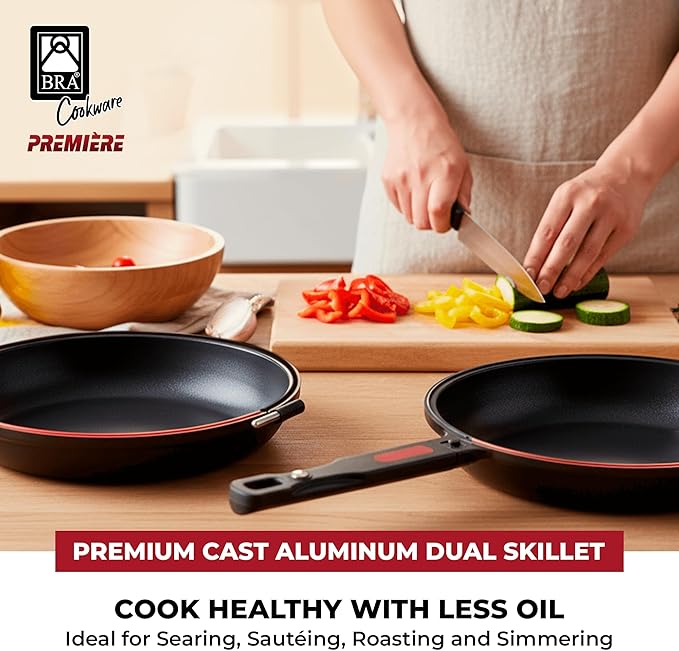 BRA COOKWARE Premiere Dual Skillet | 10.2 inches Double Frying Pan for Frittatas & Spanish Omelets | PFOA Free Triple Nonstick Coating | Full Induction Reversible Pan | Cast Aluminum Flip Skillet