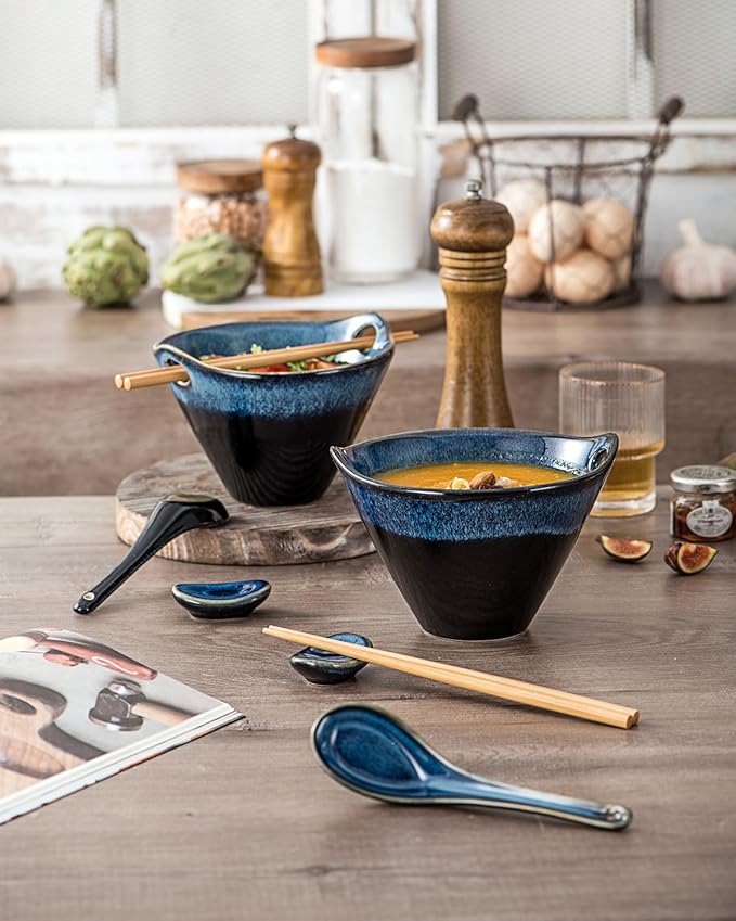 UNICASA Japanese Ramen Bowl Set with Chopsticks, Spoons and Rests, 20oz Deep Porcelain Noodle Bowl Set of 2 for Udon, Pho, Salad, Soup (Reactive Blue)