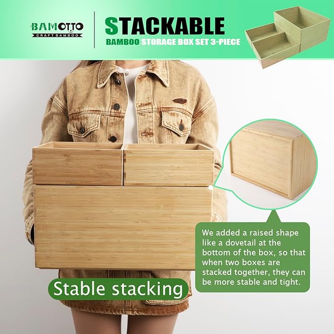 3-Piece Large Bamboo Storage Box Set - 7.1in High Stackable Deep-Drawer Organizer, Lidless Bamboo Bin for Kitchen Cutlery Utensils Knives (14.6"x10.2"x7.1"*1 + 10.2"x7.3"x3"*2)