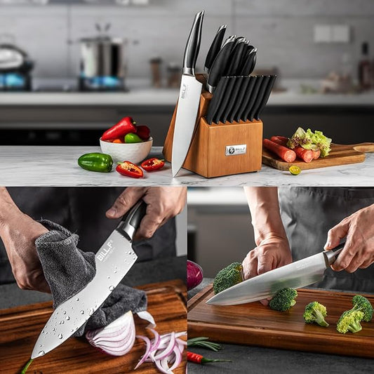 Wood Kitchen Set Knife Set for Kitchen with Block Stainless Steel Knives 17 Pcs and Cutting Board with Groove,Black Handles and Sharp Stainless Steel Professional Chef Knife Set