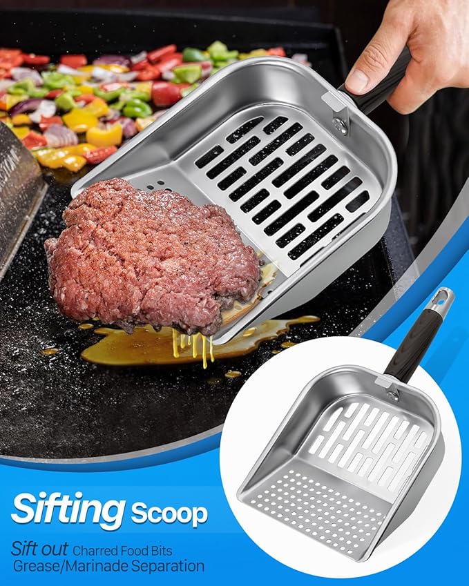 Griddle Scoop for Blackstone with a Any-Edge Hook, Stainless Steel Griddle Portable Food Mover for Stir Fry and Move Food, Classic & Sifting Grill Shovel, 2 Pack