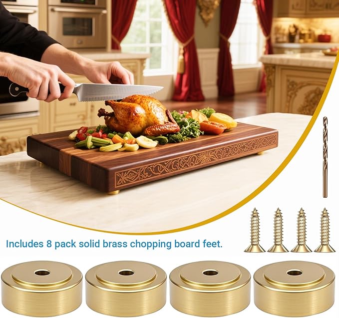 Zepkouel 8 Pack Brass Cutting Board Feet with Non Slip Pads,Rubber Feet for Cutting Board,1 Inch Rubber Feet Solid Brass