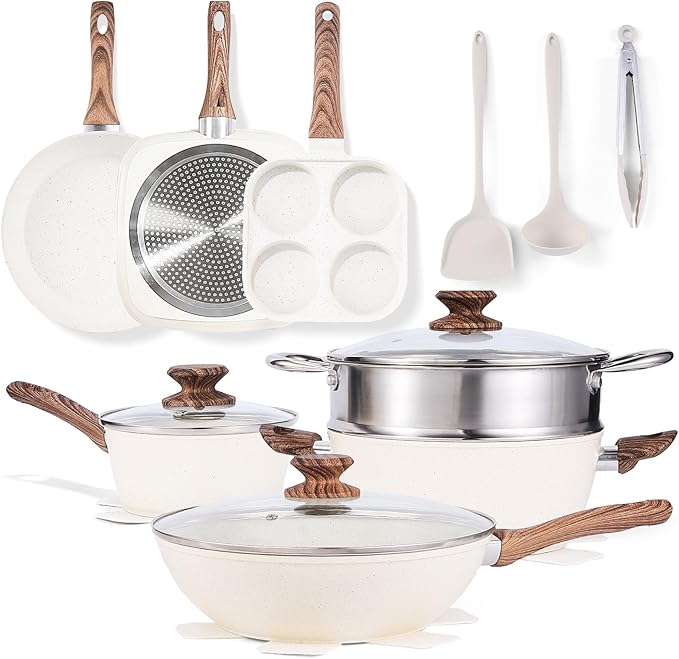 NEWBULIG 17-Piece Cookware Set, Nonstick & Non-Toxic Pots and Pans with Stay-Cool Handles, Induction Compatible, Cream White