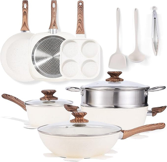 NEWBULIG 17-Piece Cookware Set, Nonstick & Non-Toxic Pots and Pans with Stay-Cool Handles, Induction Compatible, Cream White