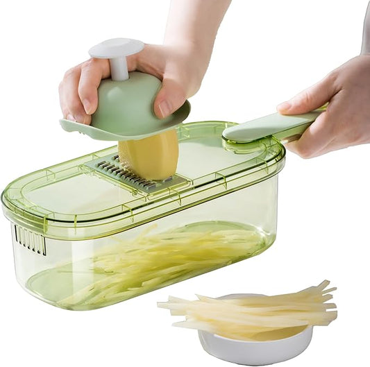 6-In-1 Mandoline Slicer with Storage Bin & Handle By PREMIUS, Plastic Container Bin With Stainless Steel Blades, Includes: 6 Blades, Waffle Cut, Julienne, Slices, Safety Grip, Green-Clear, 1.5 Quarts