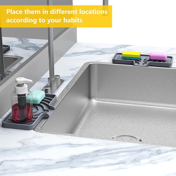 Sponge Holder for Kitchen Sink, Soap Tray for Sink & Counter, 9.8"×4.9" Soap Dish Mat, Silicone with Drain, Perfect for Dispenser, Scrubber, Bottle, Cup (Gray)