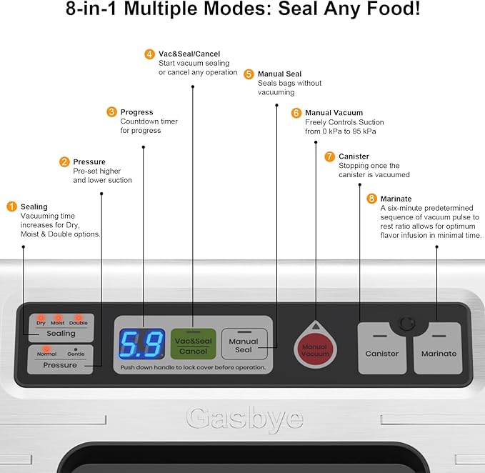 95kPa Precision Vacuum Sealer Machine, Double Heat Seal for Dry/Moist Food, Easy-Lock Handle, Built-in Bag Storage & Cutter, Progress Display, Pulse Mode, Removable Drip Tray, Silver