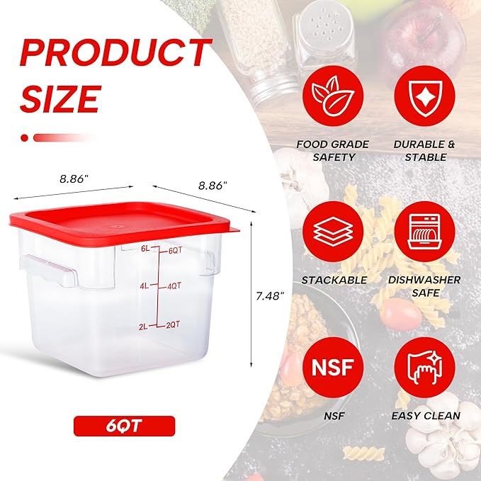 STEELUS 4 Pack Food Storage Containers, 6 Quart with Lids, Square Commercial Containers with Scale, Clear NSF Food Organizing, Polycarbonate