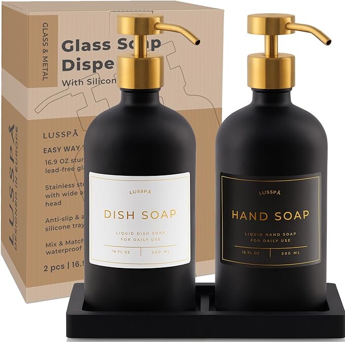 Lotion, Hand & Dish Soap Dispenser for Kitchen & Bathroom | Soap Dispenser Set of 2 16.8 Oz Glass Bottles with Stainless Steel Pump, 15 Water Proof Labels & Silicon Tray (Black/Gold)
