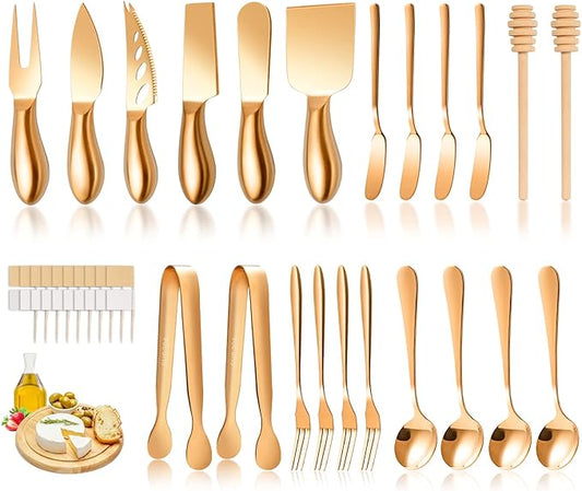 Rose Gold Cheese Knife Set, Cheese Butter Spreader Knife Slicer knives With Serving Tongs, Spoons, Forks, Flags Cheese Markers, Wooden Honey Dipper For Charcuterie Board Accessories
