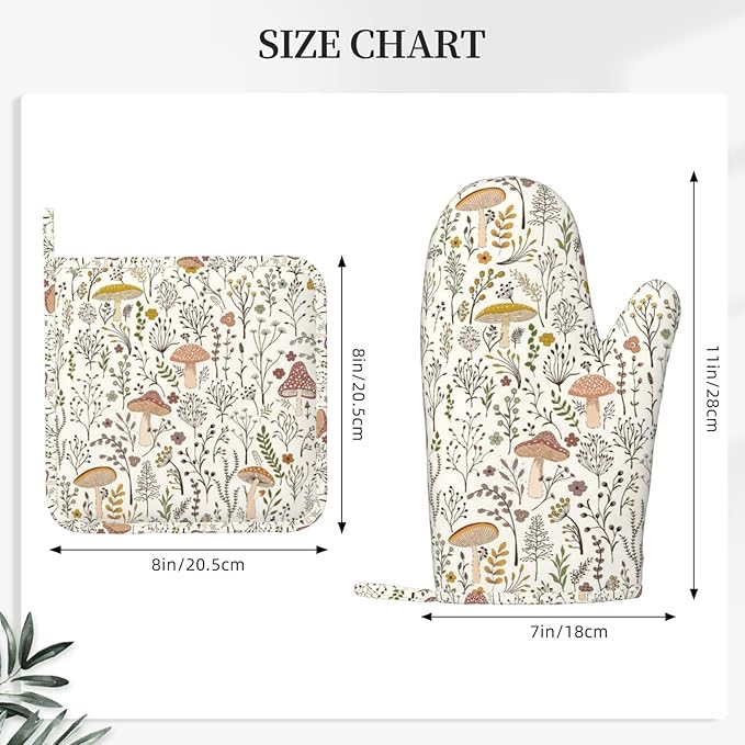 Mushroom Colorful Silicone Oven Mitts and Pot Holders Sets Mushroom Floral Green Leaves Boho Plants Kitchen Mitts Potholder Kitchen Accessories for Cooking Baking BBQ