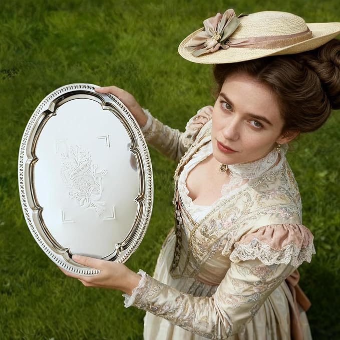 4-Pack 15.7" x 11.8" Large Silver Serving Trays for Party Set - Oval Floral Engraved Serving Platters, Wedding Birthday Mirror Tray for Valentine's Day, Food, Appetizer, Charcuterie, Cookies, Desserts