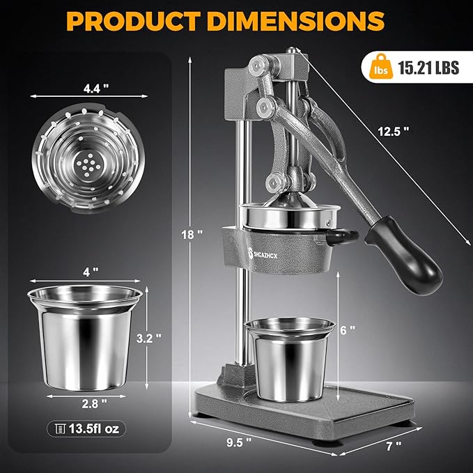 Cast-Iron Hand Press Citrus Juicer, Heavy-Duty Fruit Squeezer with Stainless Steel Cup, Easy-to-Clean Manual Citrus Press for Orange, Lemon, Lime, Grapefruit & Pomegranate (Silver)