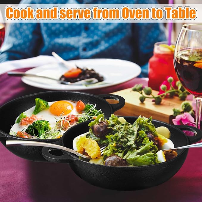 2 Sets Mini Cast Iron Skillet with Wooden Base Small Cast Iron Plates Skillet Pan Round Fajita Plate Hot Steak Pot Dish for Baking Cooking(6.1 Inch)