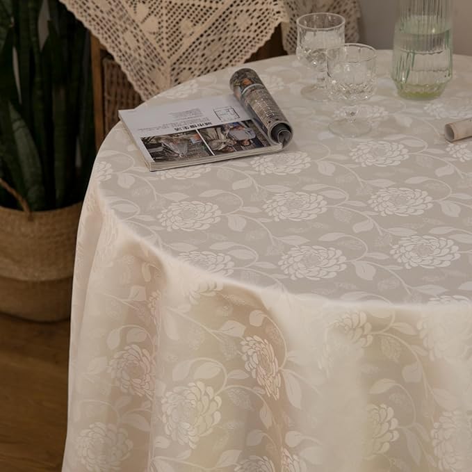 Round Tablecloth Waterproof Spillproof Lace Trim Table Cloth for Wedding Kitchen Dinning Tabletop Decoration,Table Cover for Outdoor and Indoor, 90 Inch Round, Ivory White