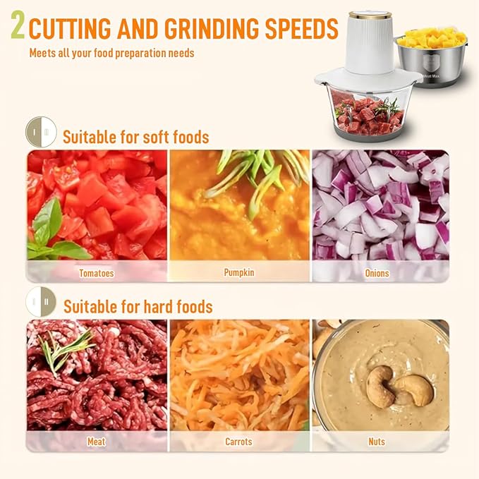Food Processor, 2 Speed Meat Grinder Electric Food Chopper with 2 Bi-Level Blades Mini Kitchen Cutter for Vegetable, Onion, Garlic, Meat, Nuts, and Baby Food (White-2L)