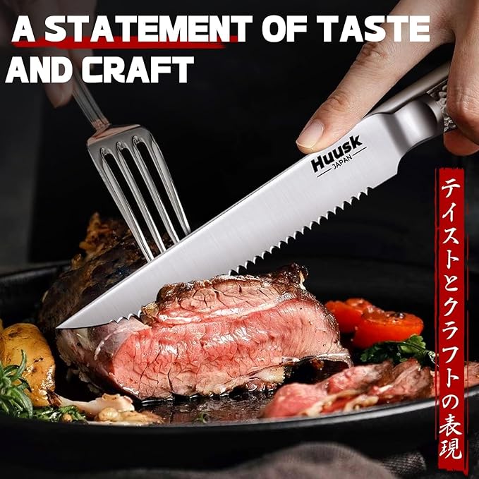 Huusk Japanese Steak Knives Set of 4-4.5" Serrated Steak Knife Set Dishwasher Safe, Stainless Steel Steaks Knives, One-Piece Structure with Anti-slip Handle, Christmas Gifts for Men Women