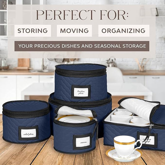 China Storage Containers 5-Piece Set Moving Boxes for Dinnerware, Glasses, Plates, Mugs and Saucers Sturdy Quilted Microfiber Dish Organizer with Dividers for Seasonal Storage - Holds Set of 12, blue