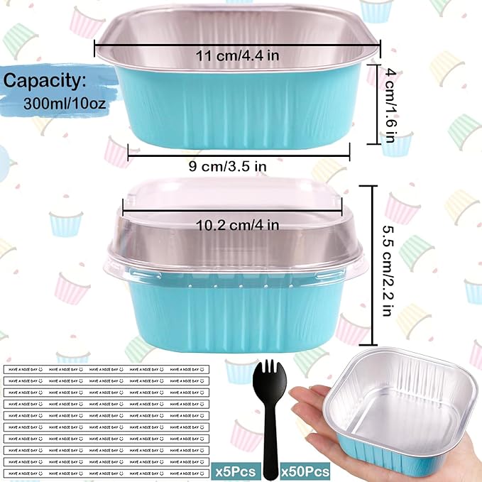 BZIDII 10oz Mini Cake Pans With Lids 50 Pack Aluminum Foil Square Brownie Baking Cups,4”x4” Disposable Loaf Pans With Lids and Spoons Stickers,Large Cupcake Pans Muffin Cake Tins Cake Container(Blue)