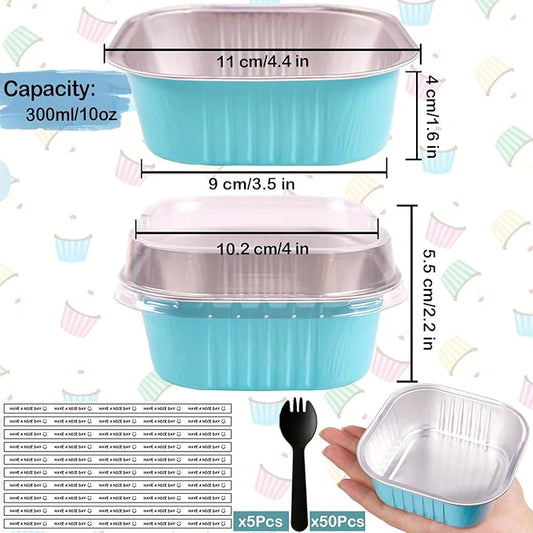 BZIDII 10oz Mini Cake Pans With Lids 50 Pack Aluminum Foil Square Brownie Baking Cups,4”x4” Disposable Loaf Pans With Lids and Spoons Stickers,Large Cupcake Pans Muffin Cake Tins Cake Container(Blue)