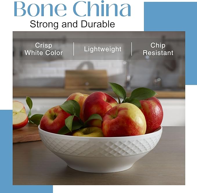 Mikasa Trellis White Bone China Lightweight Chip Resistant Vegetable Serving Bowl, White