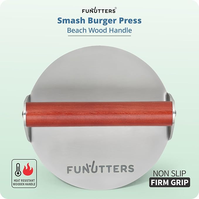 6'' Smash Burger Press Patty Maker, Hamburger Smasher Tool, Heavy-Duty Stainless Steel, BBQ Grill and Flattop Griddle Accessory - Commercial Grade (6'' with Beechwood Handle)