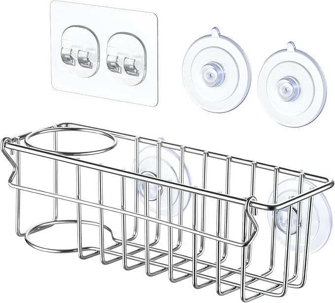 3-In-1 Sponge Holder for Kitchen Sink with Suction Cups & Adhesive Hook , In-sink Sponge Holder, Wall Hanging Sink Organizer Rack - Sponge, Dish Cloth, Brush, Scrubber - 304 Stainless Steel