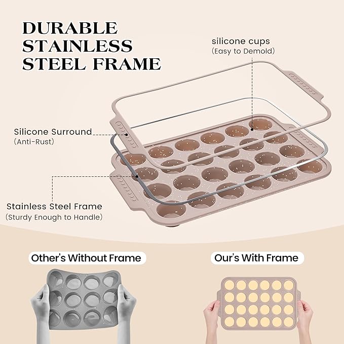 AOTASO 2 Pcs Silicone Muffin Pans for Baking with Metal Reinforced Frame, Nonstick Cupcake Tray for Oven, 24 Cups Mini Size Silicone Molds for Egg Bites, Dishwasher Safe (Brown, Cream)