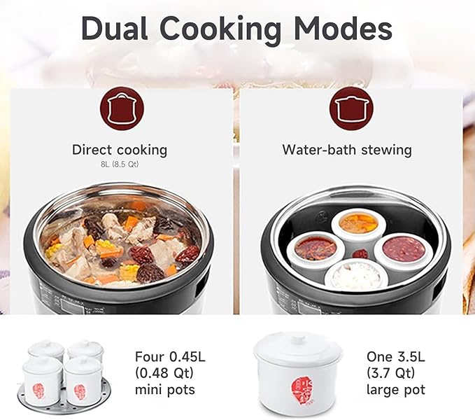 Joydeem Electric Stew Pot, 8.5Qt Stainless Steel Inner Pot with 5 Ceramic Liners (3.5L + 4 × 0.45L), Dual Cooking Modes, Brushed Stainless-Steel Exterior, For Soup, Congee & Bird’s Nest, DDG-B350