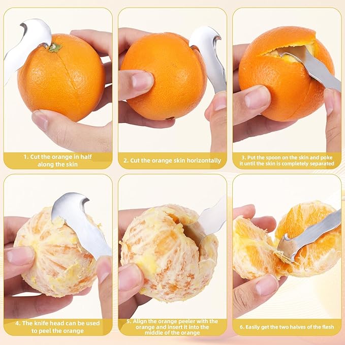 2 Pcs Orange Peelers, Stainless Steel All-in-One Citrus Peeler with Hanging Hole Fruit Peeling Tool for Oranges Tangerines Lemons Grapefruits Practical Kitchen Tool