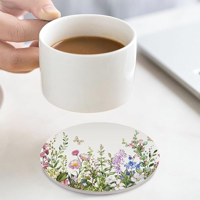 Floral Drink Coasters, Round Ceramic Drink Coaster Round-4PCS, Watercolour Flower Herb Nature Plant Floral Butterfly Decor Absorbent Ceramic Coasters for Beverage Cup, Bar, Coffee Table