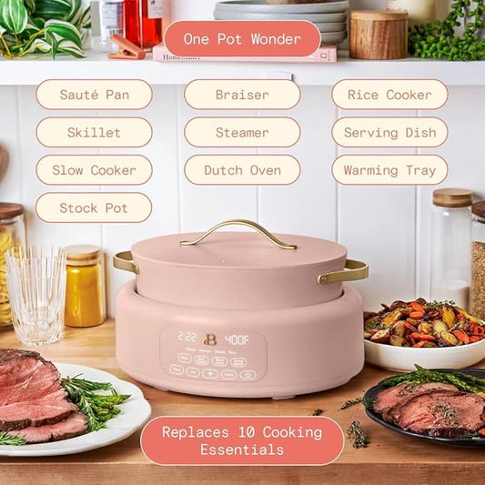Beautiful 10-in-1 6-Qt Programmable Multi-Cooker with Oven-Safe Pot & 7 Presets – Slow Cook, Rice, Steam, Sauté (Rose)
