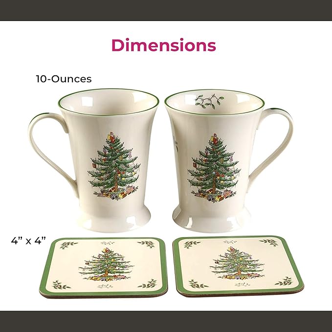 Spode Pimpernel 10 oz Mug & Coaster Set – 2 Porcelain Coffee Cups with Handles & 2 Square 5mm Cork-Backed Drink Mats, Durable Heat & Stain Resistant Table Accessories for Dining, Kitchen & Home