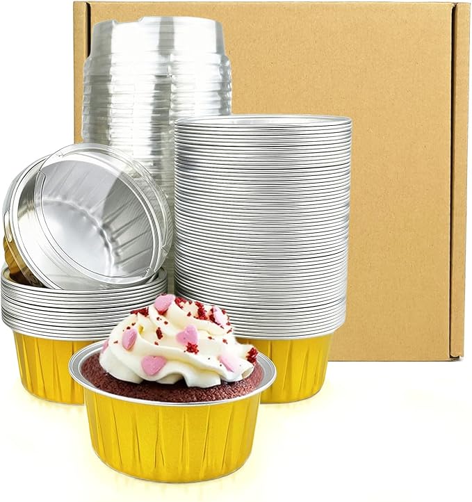 Lewarm Disposable Muffin Pans with Lids, 5 oz Mini Cake Pans for Cupcake, Multi-purpose Aluminum Foil Baking Cup, Premium Dessert Cups, Creme Brulee Ramekins Oven Safe, 60 Pack