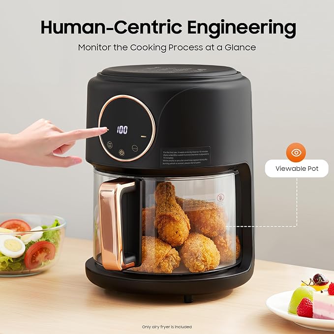PERFERATE Glass Air Fryer 4.44Qt Capacity Glass Airfryer with 360° Transparent Viewable Fry Bowl, Precise Temperature(175°F - 400°F) & Time(60 Min) Control, 1200W Oil-Less Cooking (Black)