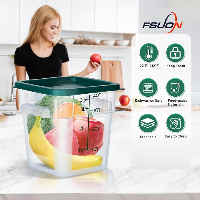 FSUON 4 Pack Clear Food Storage Containers with Lids and Handles Polycarbonate Square Commercial Food Containers, NSF (4Qt)