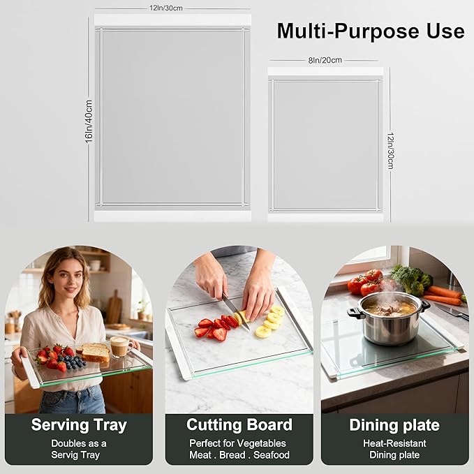 Tempered Glass Cutting Board Set for Kitchen Counter - Dishwasher Safe with Juice Grooves, Non-Slip Silicone Edges & Beveled Grip - 16"x12" & 12"x8" Serving Tray (White-2PCS)