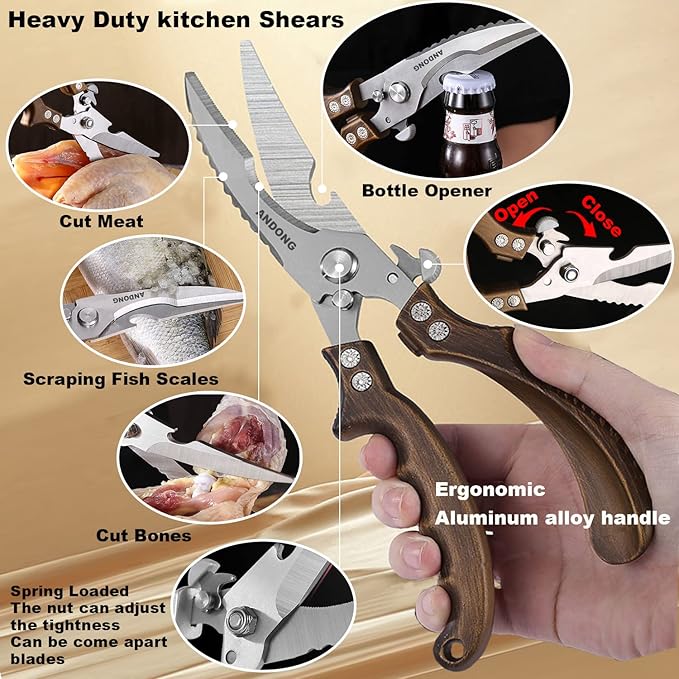 ANDONG Kitchen Shears - Heavy Duty Stainless Steel Poultry, Meat & Bone Scissors with Black Leather Sheath for Food