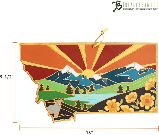 Totally Bamboo Montana State Shaped Cutting Board and Charcuterie Serving Platter with Artwork by Summer Stokes, Includes Hang Tie for Wall Display Varies