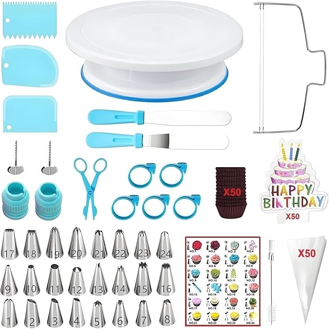 193 Pcs Cake Decorating Kit with Cake Turntable,Leveler,24 Numbered Icing Tips,2 Spatulas,2 Couplers,3 Scrapers,50 Pastry Bags,50 Paper Cupcake Liners,50 Cake Flags & More Baking Tools, (Blue)