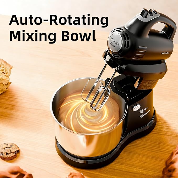 Stand Mixer Hand Mixer Kitchen Electric - 2-IN-1 3.2 QT Auto-Rotating Bowl & Beater Tilt-Head Small Standing Mixer, 250 Watt 5-Speed with Turbo Boost Household Mixer with Beaters & Dough Hooks