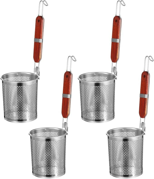 Stainless Steel Pasta Strainer 4 Pcs, Noodle Dumpling Strainers, Blanching Baskets with Red Wood Handle, Mesh Kitchen Tool Set, 4.7×5.5in（W×H）